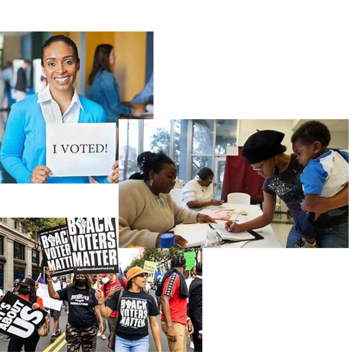 Woman holding voting sign, woman with baby at polling booth, black voters matter march